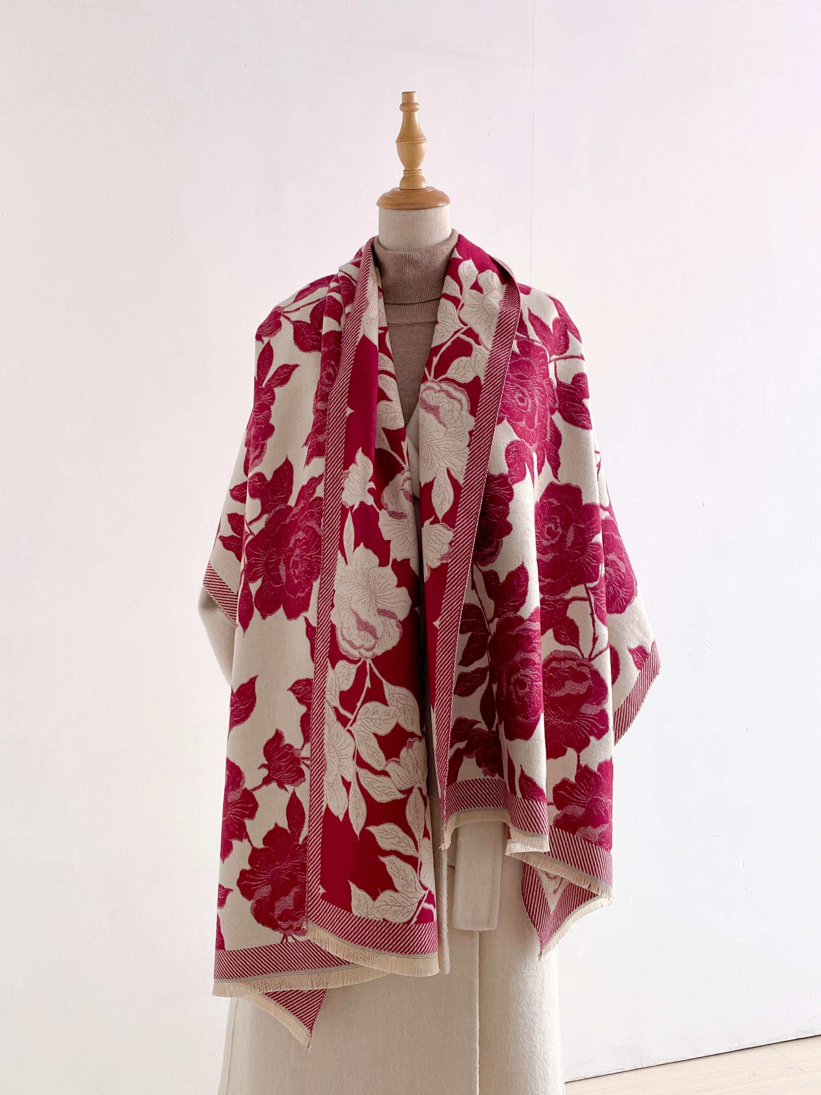 Floral Print Tasseled Shawl, Soft Warm Long Scarf for Women & Men, Fashion Wrap Scarf for Daily Wear