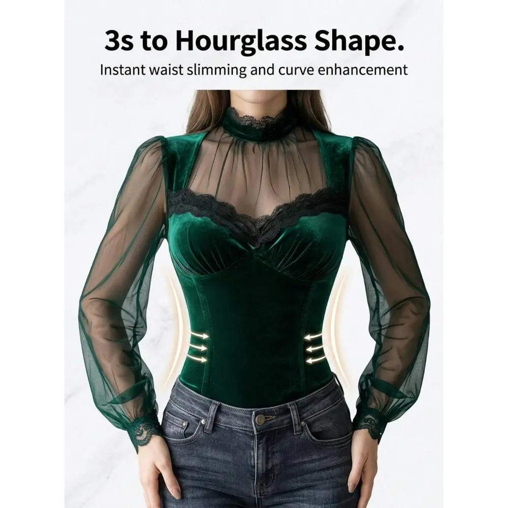 Women's High Neck Strapless Lace Blouse - See-Through Bubble Long-Sleeved Slimming Top with Waist Cinch for Hourglass Curves, Ideal for Dating, Nightclubs ribbed