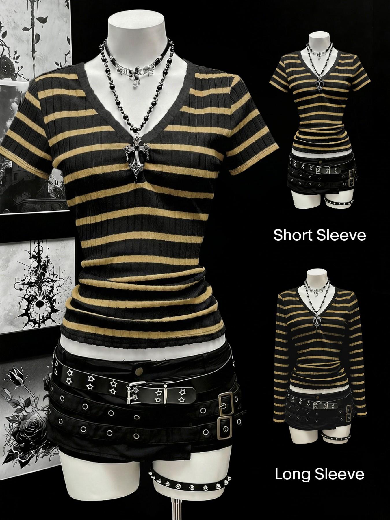 Women's long sleeved and short sleeved T-shirt Casual Gothic style black gray striped V-neck slim fitted knit top, with a close fitting knit material that looks slim and creates a niche Gothic atmosphere.