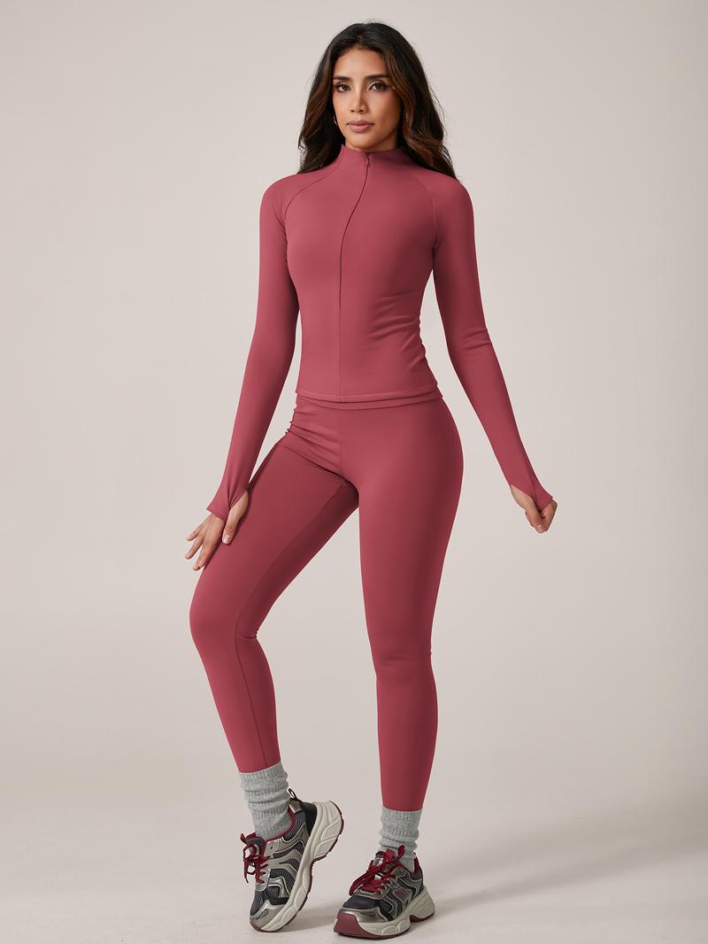 Women's Fleece Lined Sportswear Set, Yoga Clothes Set, Yoga with Stand Collar Zipper Thumb Hole Long Sleeve Top High Waist Tight Pants
