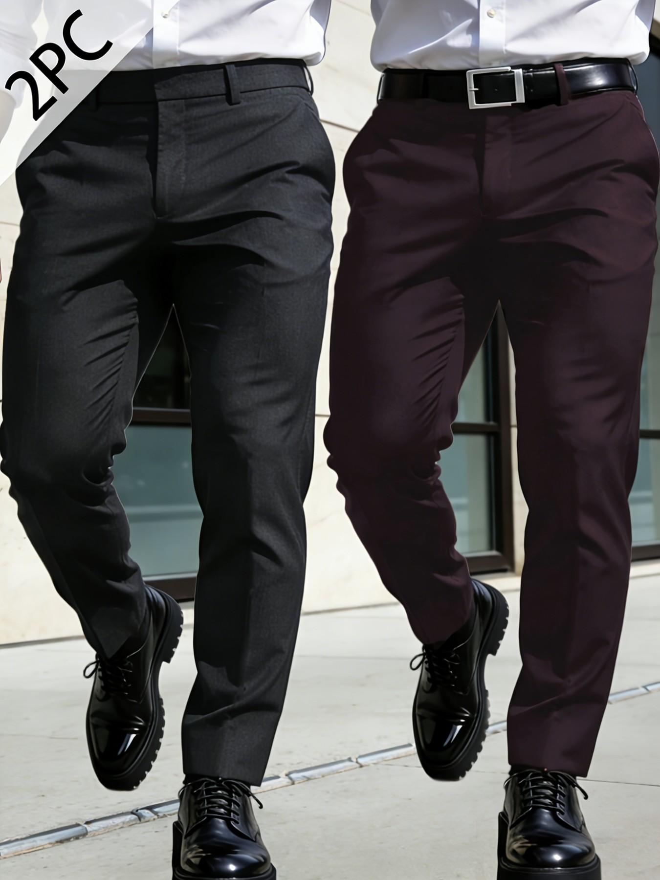 2-pieces Men's New Loose Straight Leg Elastic Solid Color Formal Pants, Casual Pockets, Anti-Wrinkle Comfortable Business Casual Trousers for Work and Weekend, Casual Fashion Pocket, Versatile, Modern