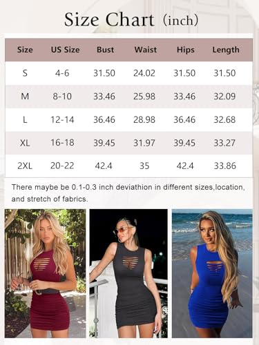 Women Sexy Summer Bodycon Ruched Party Club Mini Dress Sleeveless Cutout Tight Date Night Tank Short Dresses Women Dress for Spring & Fall Minimalist Sizes run small Petite