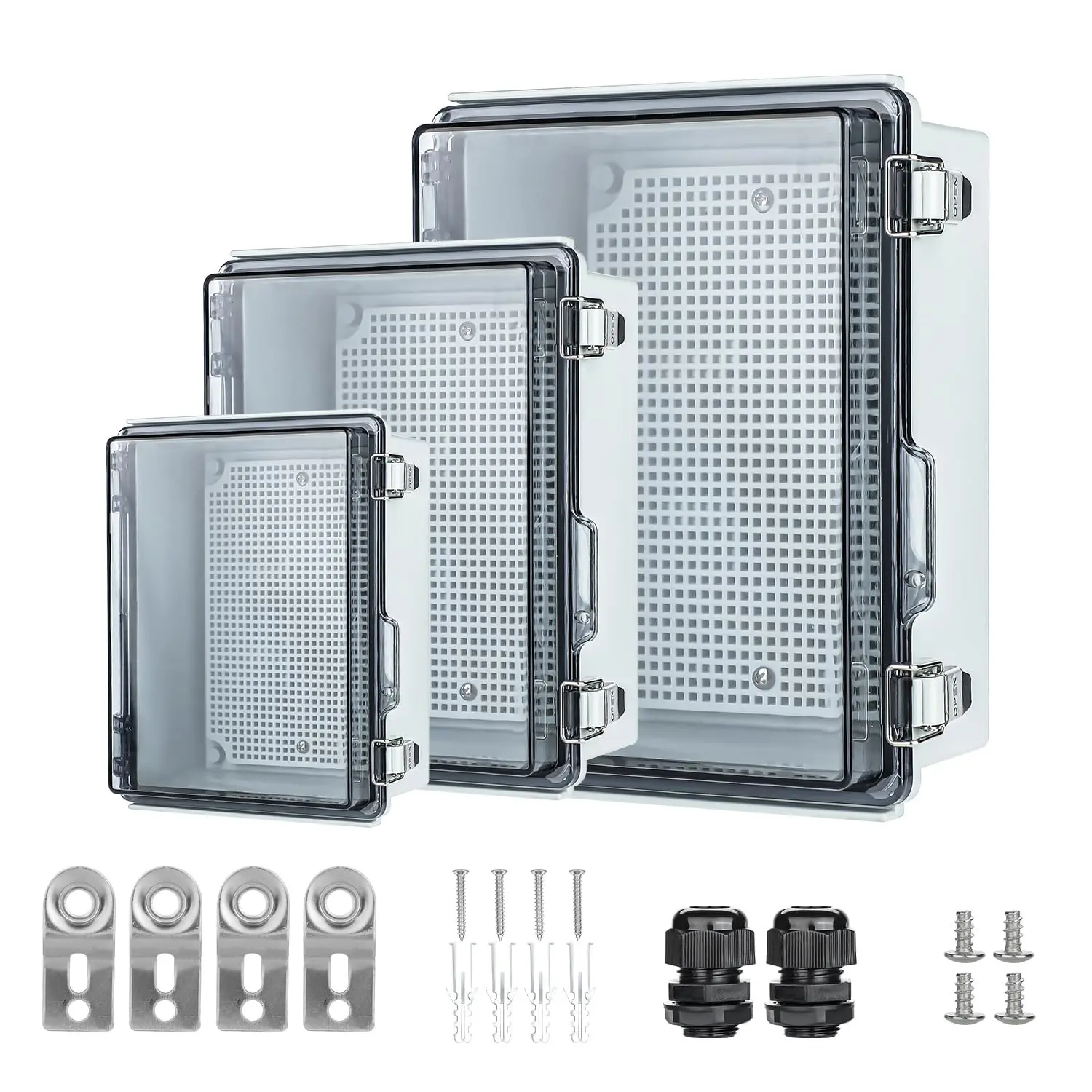 Small Waterproof Electrical Junction Box, IP67 Waterproof Clear ABS Plastic Enclosure Boxes for Outdoor Garden with Hinged Cover, Mounting Plate, Wall Brackets, Cable Glands (8.7"x6.7"x4.3")