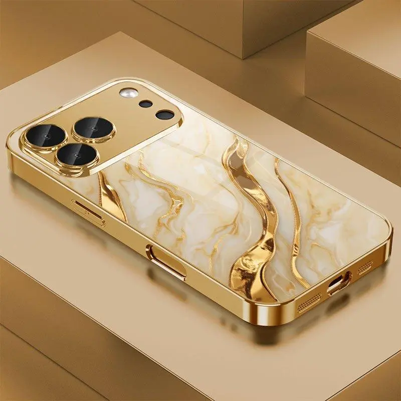 Phone Case: Golden Marble Wave Design Pattern Electroplated Glass Phone Case, Compatible with iPhone 17/17 Pro Max/17 Air/16 Pro Max/15/14 Plus/13 Pro/12/11 Pro Max, Full Coverage, Fashionable and Luxurious, High-Appearance Protective Case