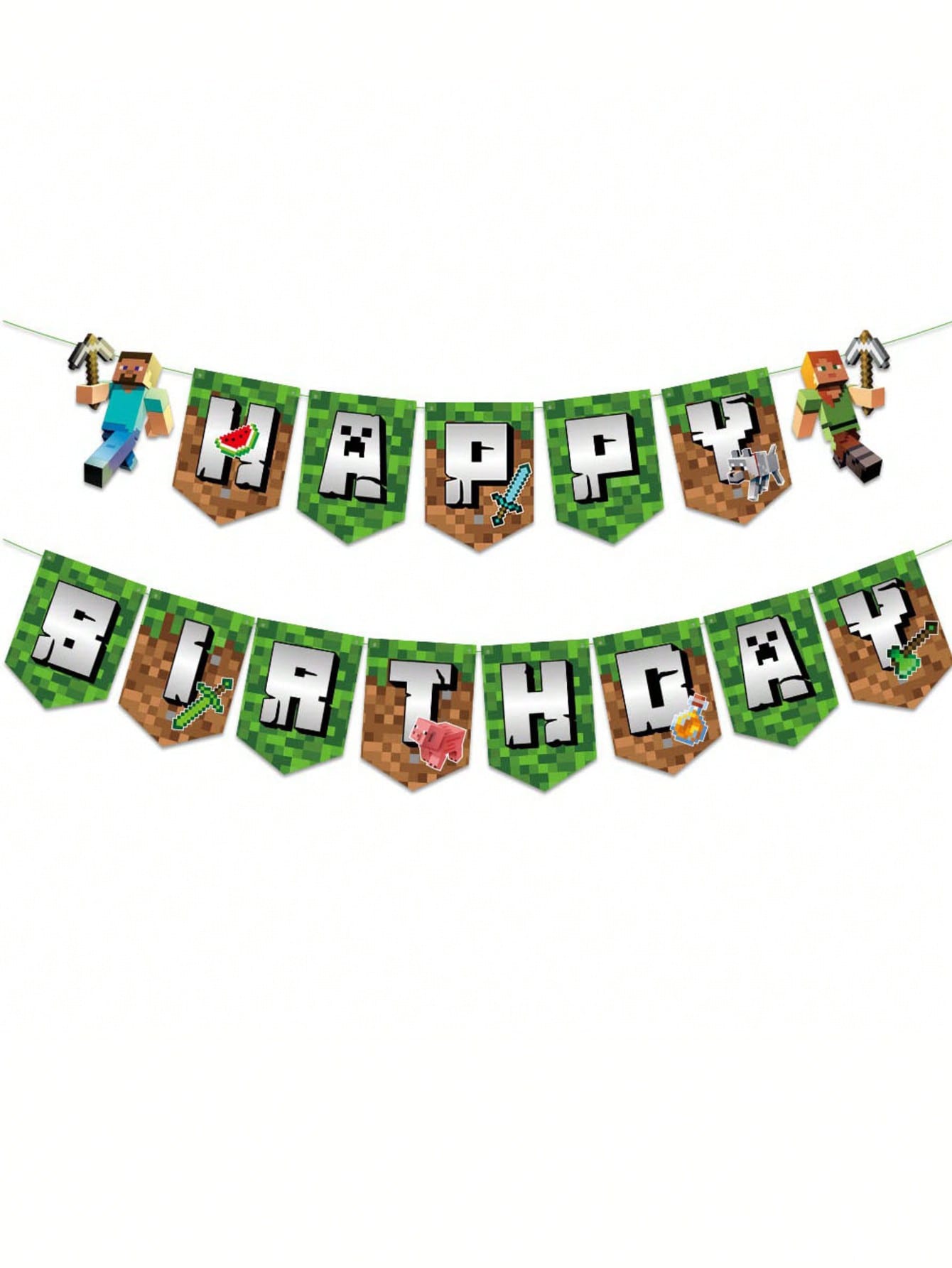 Pixel Art Game Theme Birthday Party Banner Set, Spiral Hanging Decorations, Wall & Background Decoration, Holiday Party Supplies
