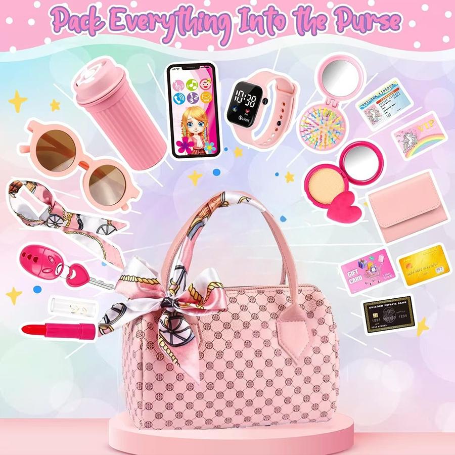 Realistic Girl Handbag Toy Set, Colorful Pretend Play Accessories, Includes Phone Wallet Makeup Toys, Perfect Birthday Gift for Girls（This product is available in multiple options.100mah Button Battery）