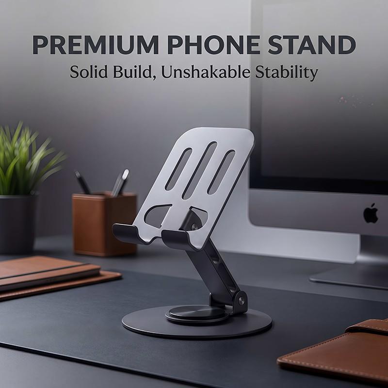 Metal Phone Stand, 360° Rotating Foldable Adjustable Desktop Holder, Non-Car Mount for Live Streaming & Tiktok, Single Pack