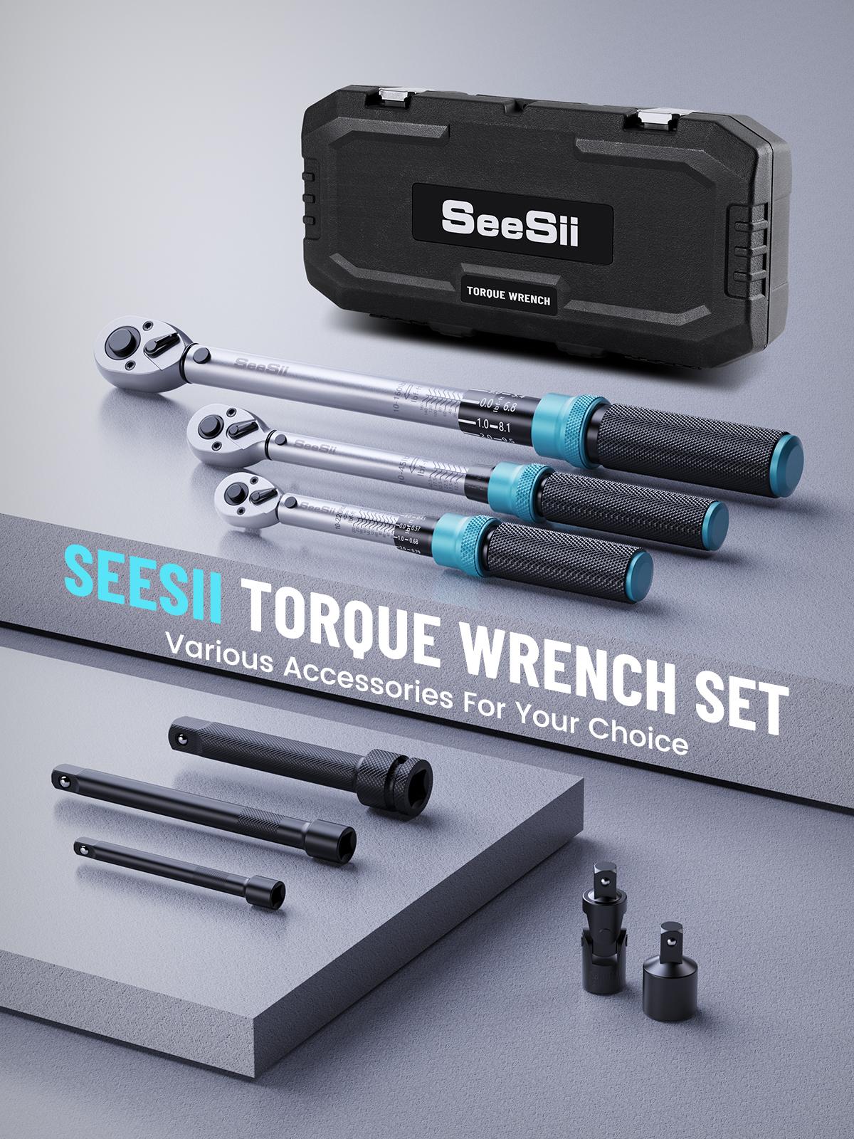 Seesii 1/4 3/8 1/2-inch Drive Click Torque Wrench Set - 8Pcs, Ultra-Precise ±3% Accuracy, 72-Tooth Dual Scale for Bike/Moto/Car Repair, Multi-functional Torque Wrench 45-221in.lb, 7-45ft.lb, 30-160ft.lb with Adapters, CH450 Black Friday Deals