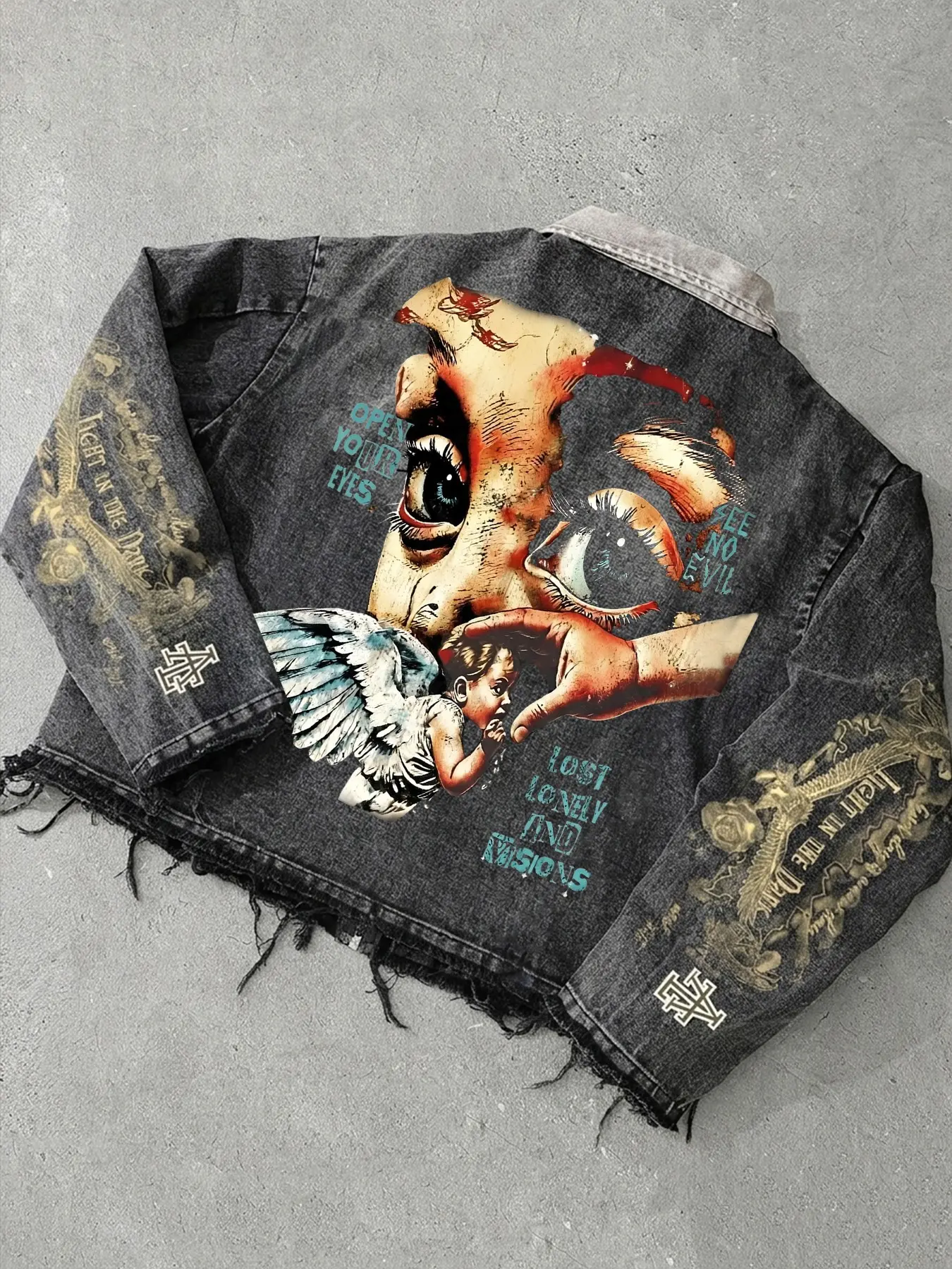 Men's Vintage Angel Print Denim Jacket, Distressed Raw Hem, Button Front, Oversized Street Style, Casual Long Sleeve Outerwear