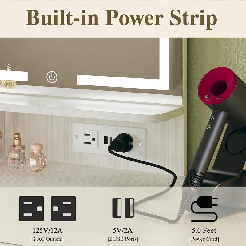 Makeup Vanity Desk with Mirror and Lights, Small Makeup Vanity with Fabric Storage Drawer & Chair & Shelves, White Vanity with Fold-up Panel and Power Outlet for Bedroom