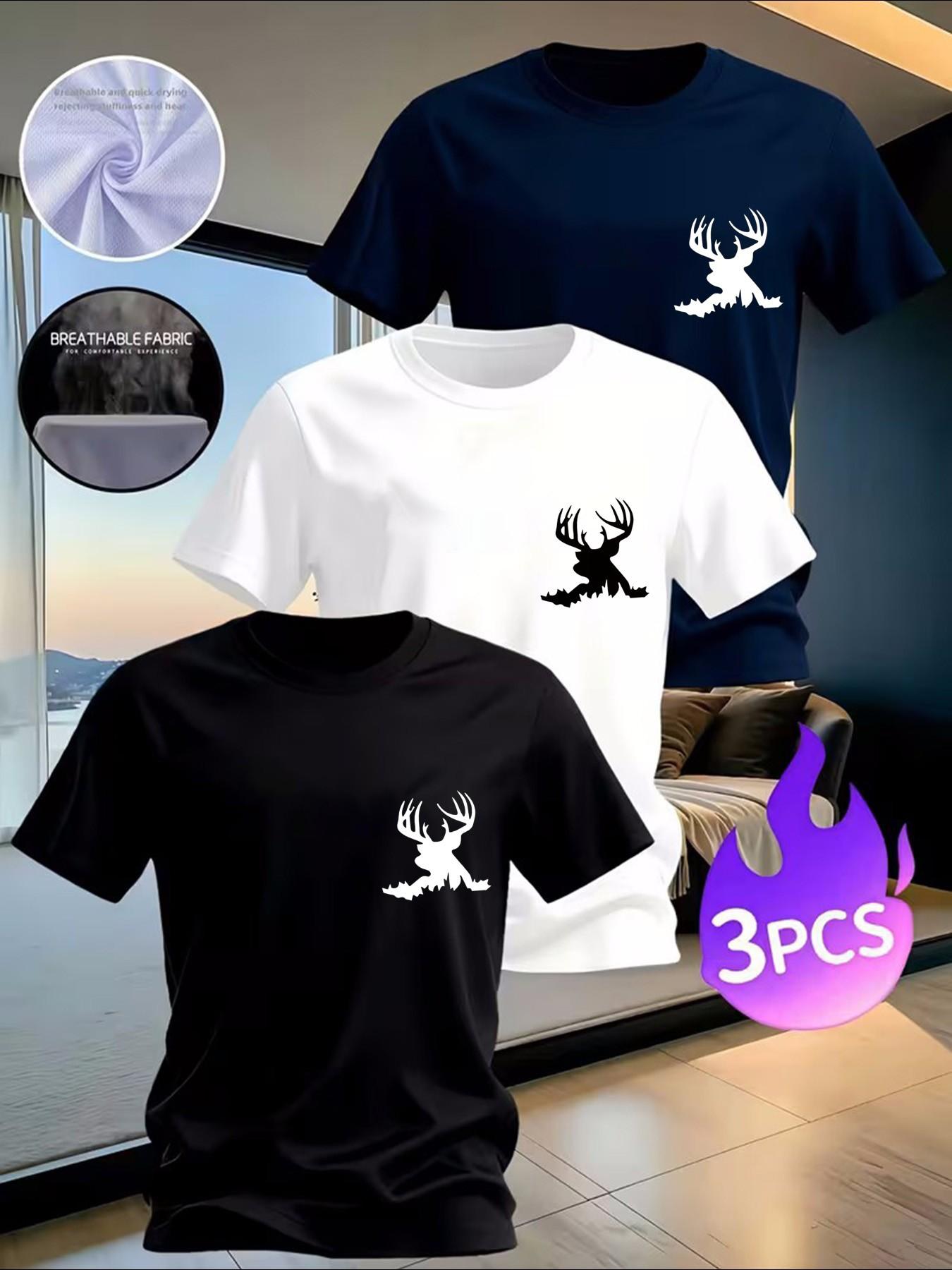 3-Pack Men's Wildlife T-Shirts, Deer Antler Graphic Tees, Breathable Casual Tops for Hunting Enthusiasts，Available in multiple colors