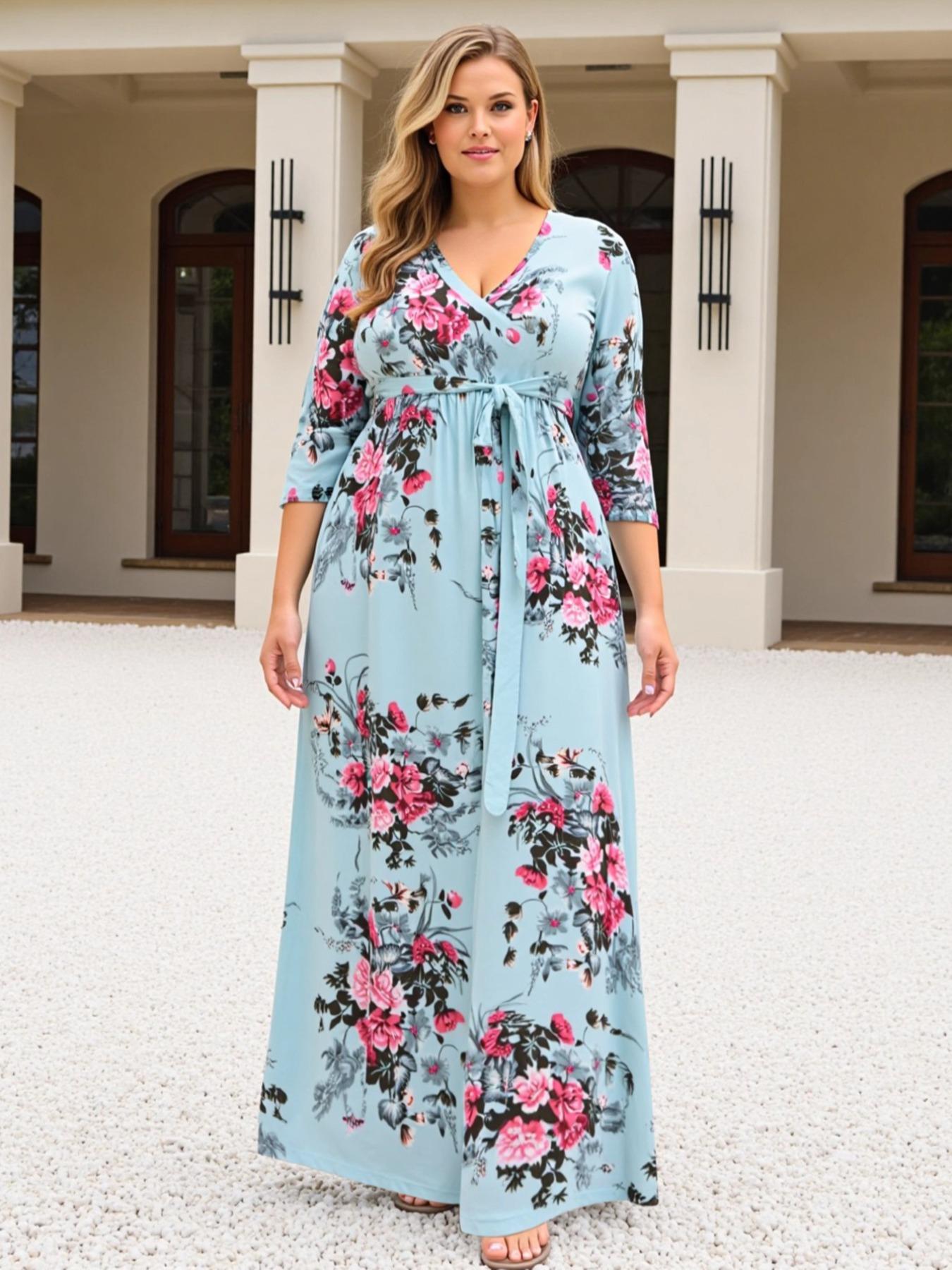 Women's V Neck Stretchy Casual Long Plus Size Dress, Perfect for Bridesmaids, Vintage Style Wedding & Party Wear, Comfortable All-Day Fabric