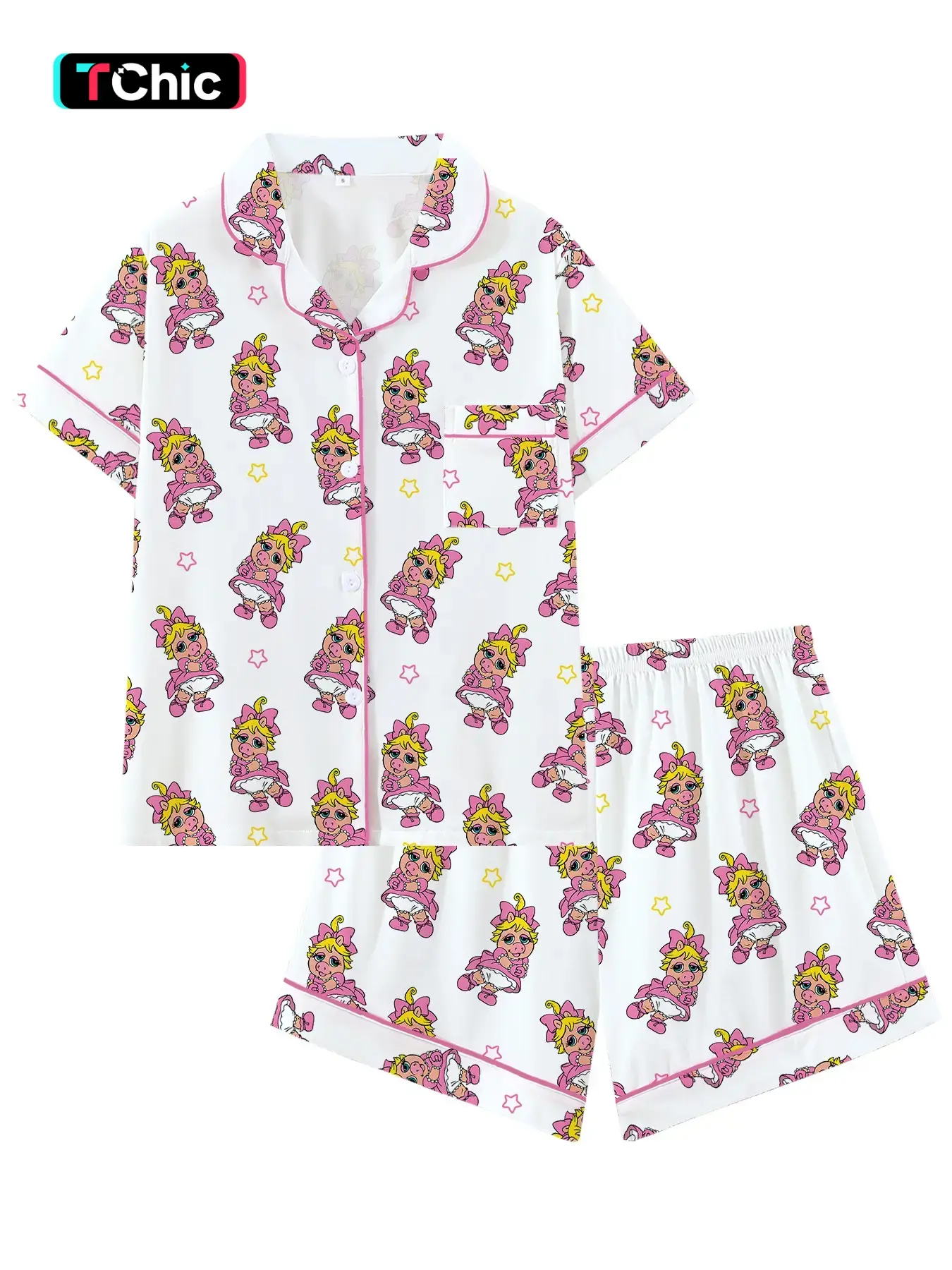 Women's Cute Piggy Print Loose Loungewear Pajama Set, Short Sleeve Open Front Two-Piece Sleepwear, Cartoon Piggy Pajamas with Trim