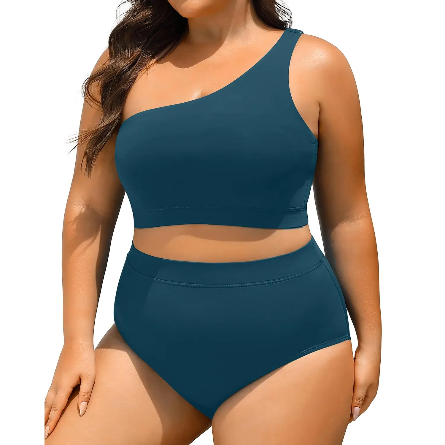 Tempt Me Women Plus Size High Waisted Bikini Two Piece One Shoulder Swimsuit Plus Size Full Coverage Bathing Suit