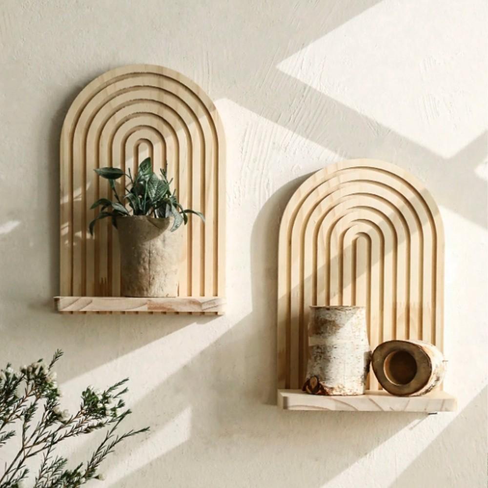 Bohemian Wall Shelf Decor, Floating Wooden Rack for Living Room Bedroom, Dual Layer Hanging Display Stand, Boho Style Storage Organizer