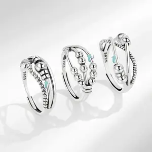 Bohemian Beads Adjustable Anxiety Ring For Women Rotate Freely Bague Anti Stress Fidget Spinner Ring Wedding Party Jewelry