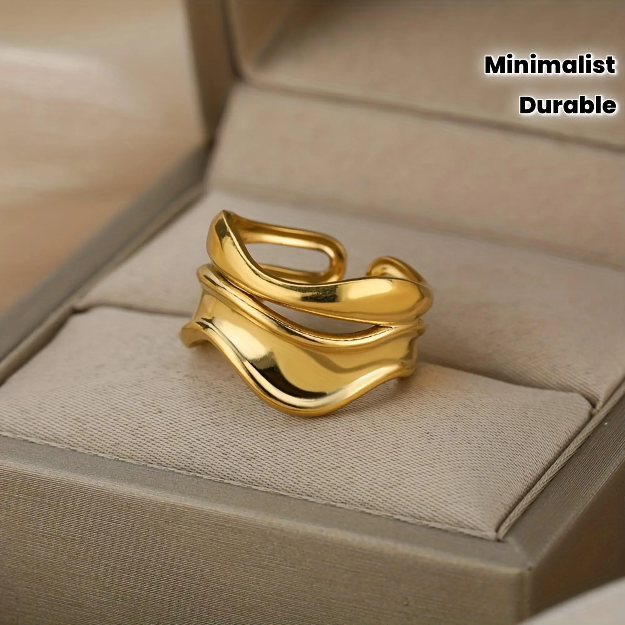 Chic Golden-Tone Stainless Steel Wave Design Open Ring for Men & Women - Minimalist Geometric Adjustable Jewelry, Gender-Neutral Style, Polished Finish, Fashion Jewelry|Minimalist Ring|Durable Finis,Suitable for Both Men And Women