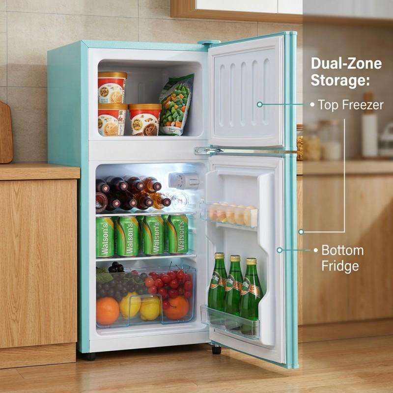 Vintage 3.5 Cu.Ft 2-Door Compact Fit Fridge-Freezer with Chrome Handles & Curved Edges, Retro Compact Refrigerator for Bedroom Dorm Apartment