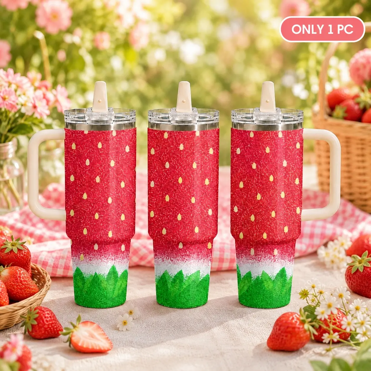 Tropical Fruit Tumbler 40oz with Handle & Straw, Glitter Watermelon Pineapple Citrus Design Vacuum Insulated Stainless Steel Travel Mug, Leakproof Cup Fits Car Cup Holder, Summer Gift