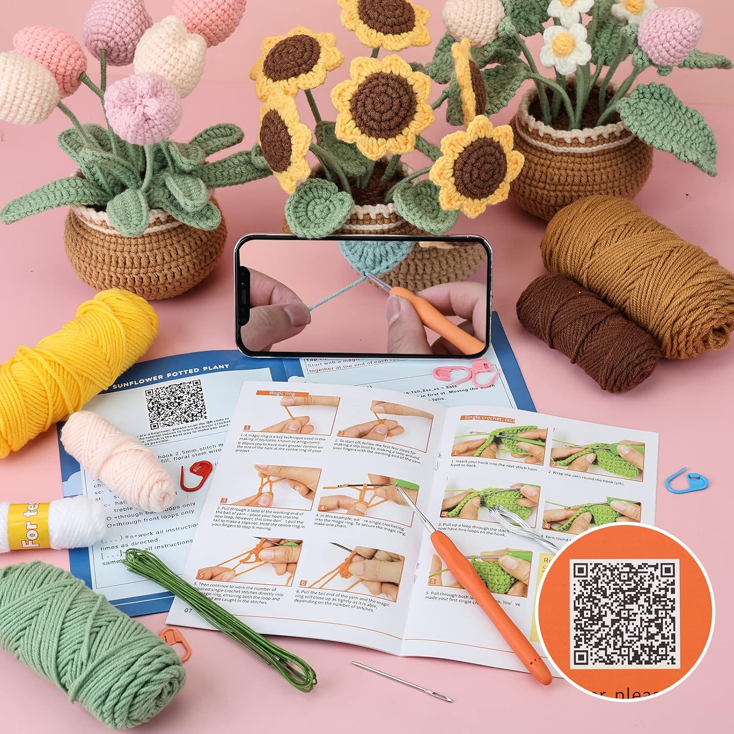 Crochet Kit for Beginners, Multicolored Potted  Crochet Kit, Crochet Starter Kit with Step-by-Step Video and Instruction Tutorials for Beginners Adults, Beginner Crochet Knitting Kit