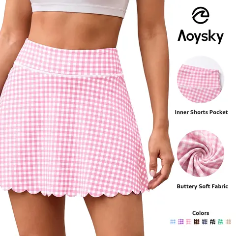 Aoysky Women's High-Waist Plaid Polyamide Blend Sporty Breathable Stretchy Athletic Skort with Built-in Shorts, Standard Sizes, All-Seasons Female Tennis Golf Skirts Tennis Golf Skorts Sporty Breathable Skorts