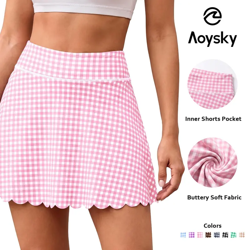 Aoysky Women's High-Waist Plaid Polyamide Blend Sporty Breathable Stretchy Athletic Skort with Built-in Shorts, Standard Sizes, All-Seasons Female Tennis Golf Skirts Tennis Golf Skorts Sporty Breathable Skorts