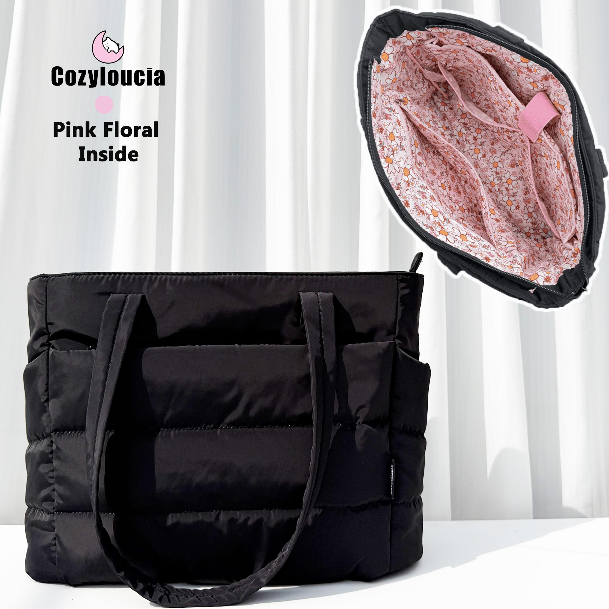 CozyLoucia Cute Puffer Tote Bag for Women Pink Flower Print Interior Laptop Shoulder Handbag, Lightweight Best Tote Bag for Work with Multiple Compartments for Travel , Work  and School ,Christmas Gift Ideas