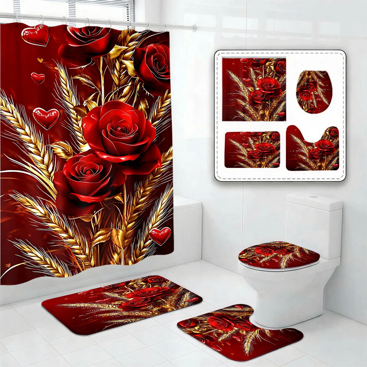Red Rose Wheat Shower Curtain Set – Romantic Love Heart Gold Ears Floral Bathroom Decor for Valentine’s Day, Anniversary, Wedding, Mother’s Day & Passionate Holiday Celebration