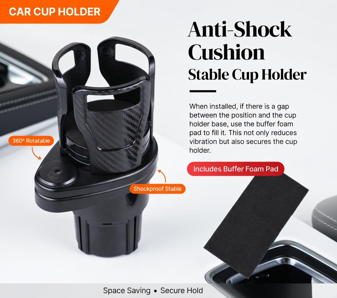 2-in-1 Rotating Car Cup Holder Carbon Fiber Black - Double Layer Expandable Drink Holder with Extra Storage Tray, Universal Fit Most Vehicles