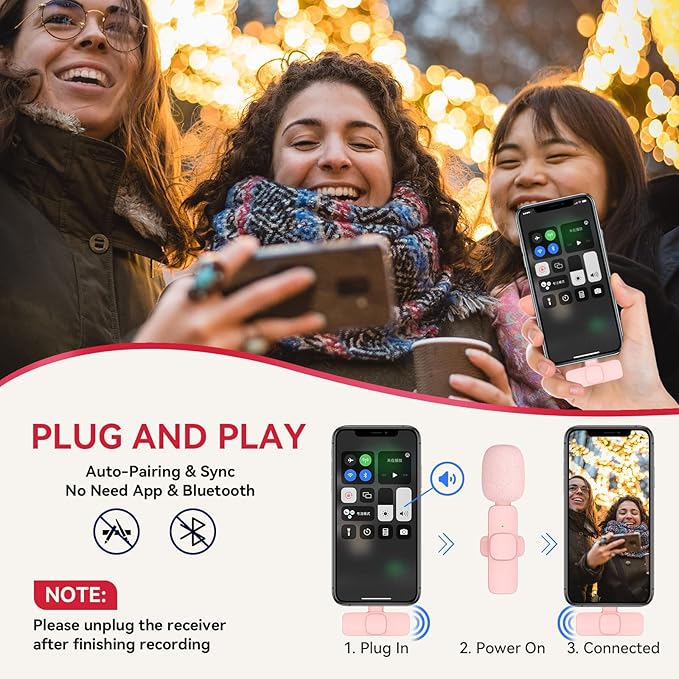 Lavalier Microphone for Android/iPhone/Computer/Laptop, Wireless Mic for iPhone15 with Noise Reduction Chip, Mini Microphone for Recording Podcast YouTube, TikTok