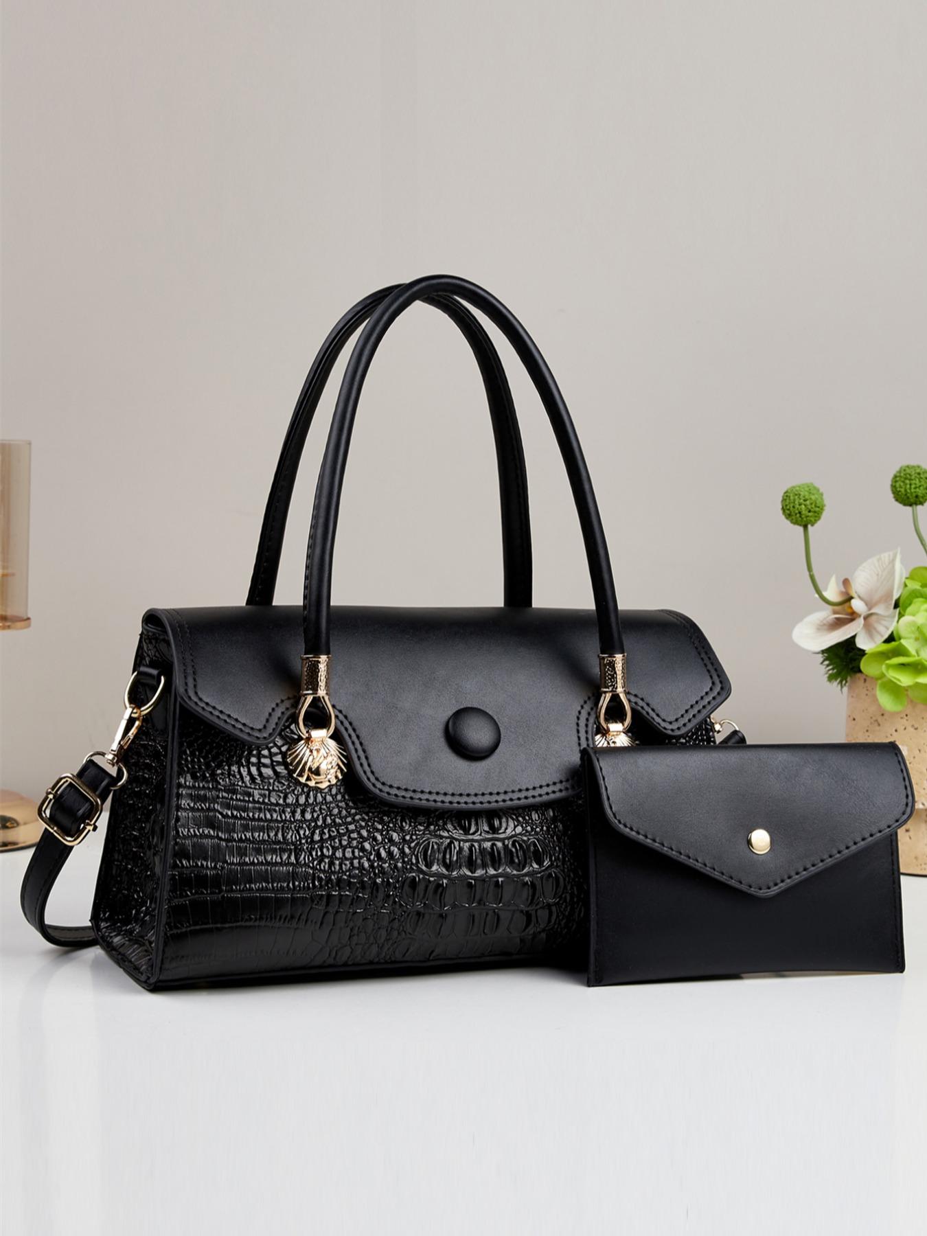 2pcs Women's Glossy Patent Leather Handbag & Clutch Set, Crocodile Pattern, Detachable Strap, Shoulder Crossbody Bag for Work, Travel & Party