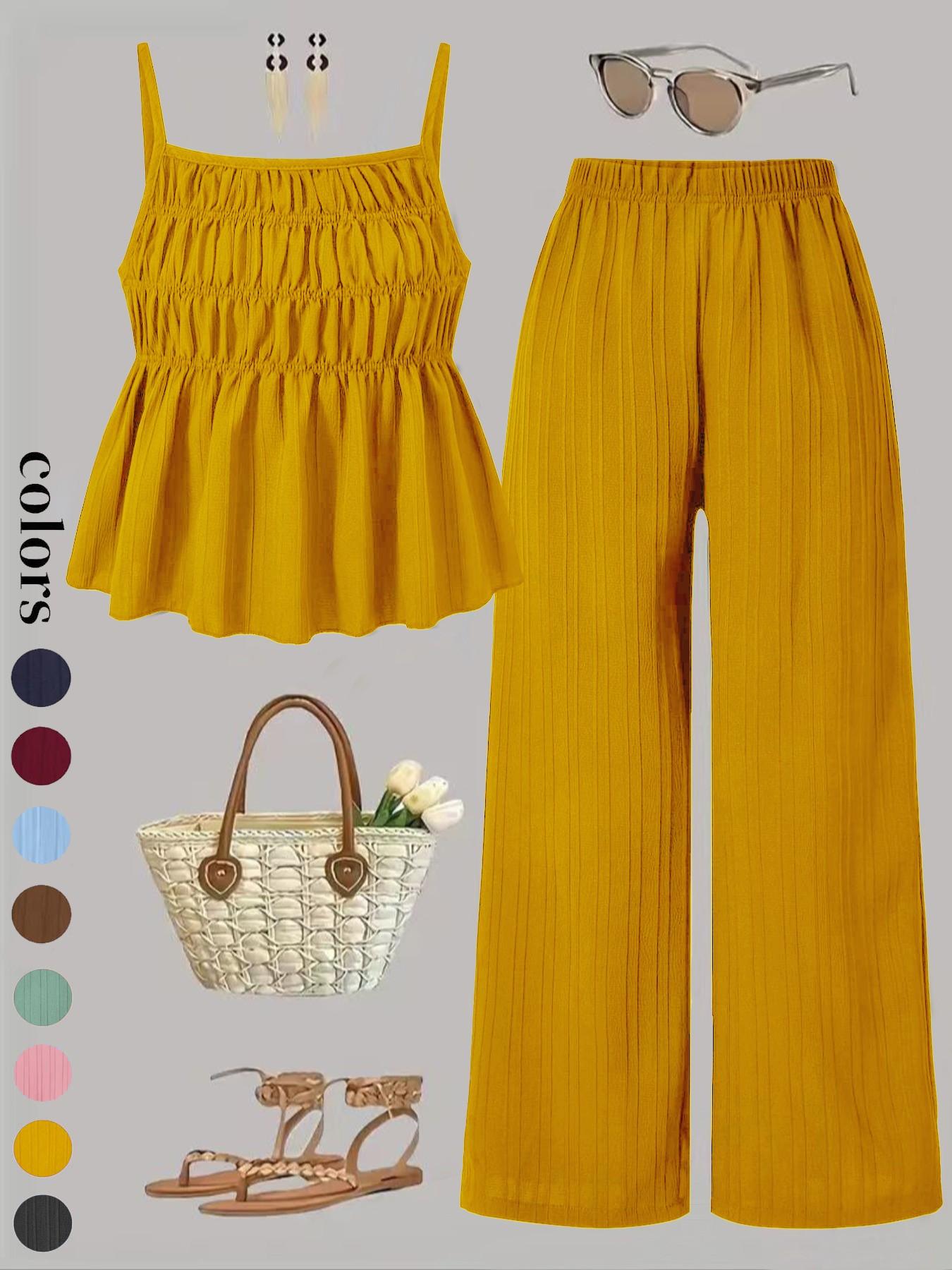 Two-Piece Set Women's Solid Color Cami Top & Wide Leg Pants Set, Street Fashion Casual Outfits for Daily Outdoor Wear, Ladies Clothes for All Seasons