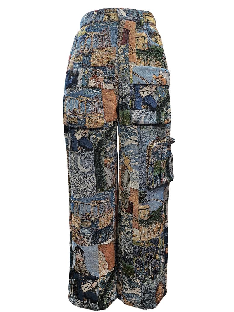 Women's Patchwork Art Print Pocket Cargo Pants, Casual Street Trousers for Daily Wear, Ladies Bottoms for All Seasons, Baggy Pants