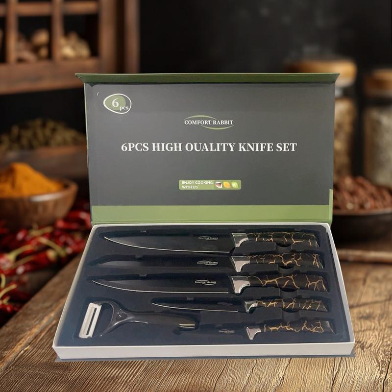 6-Piece Black Professional Kitchen Knife Set This set of knives features sharp blades and ergonomic handles, including ultra-sharp meat knives, perfect for professional chefs. Block Cutting Kitchenware Home Stainless Steel