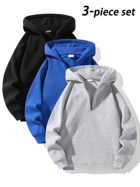 Men's Half-Zip Fleece Hoodie, Casual Long Sleeve Drop Shoulder Sweater, Thick Fabric for Fall & Winter, Sporty Fashion Pullover