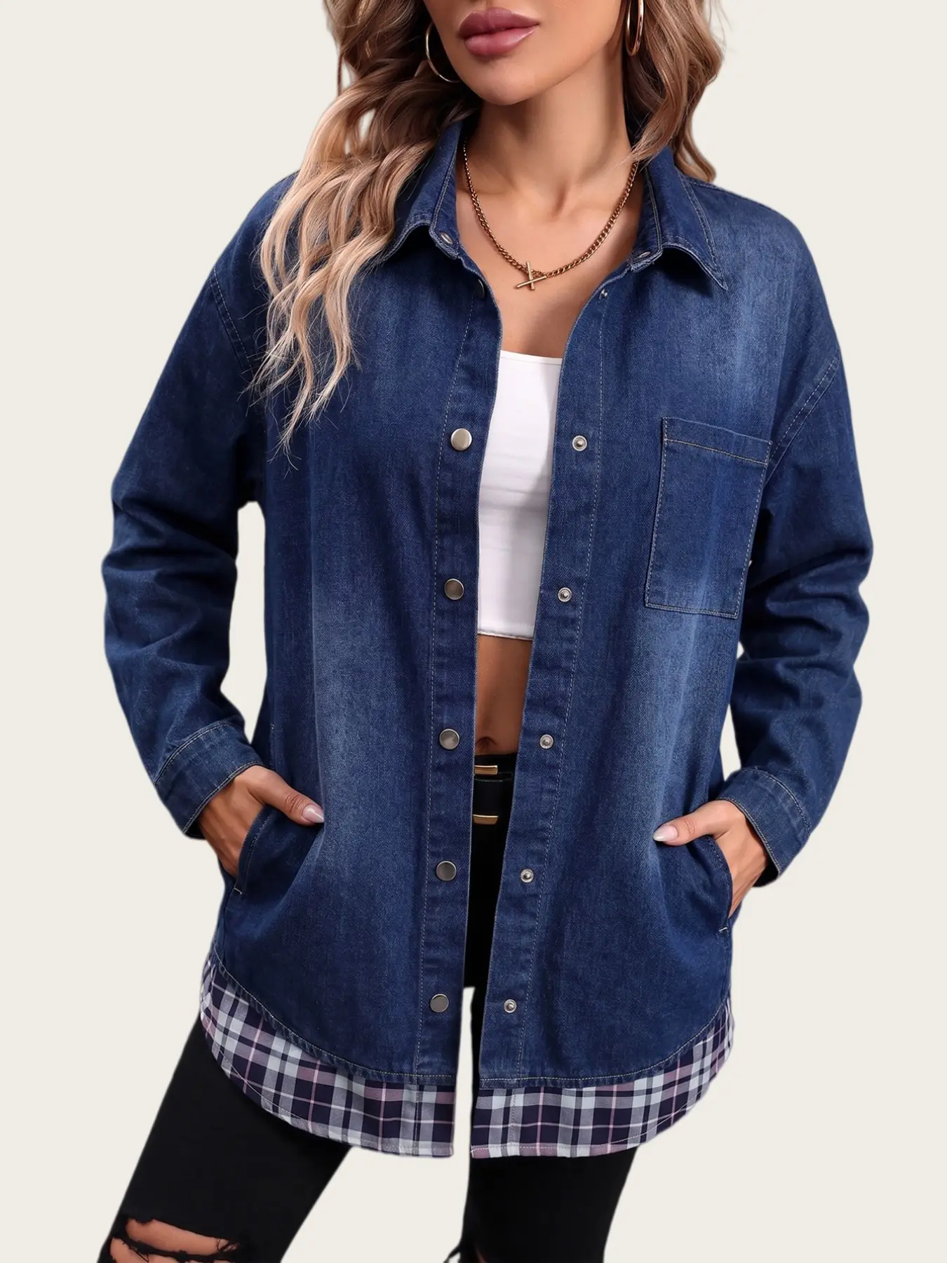 Women's Plaid Hem Patchwork Denim Shirt Jacket, Turn-Down Collar Button Front Long Sleeve Loose Fit Casual Blazer with Pockets, Jean Jackets