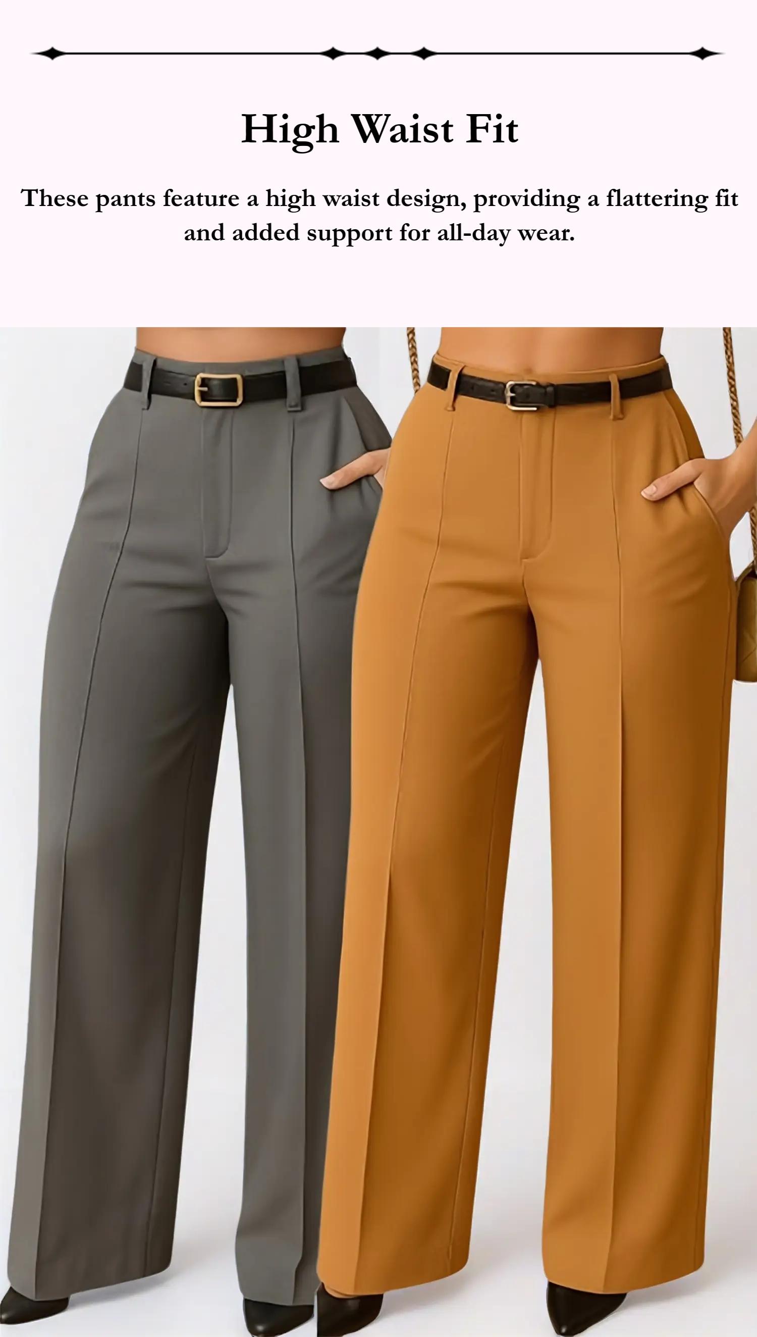 Women's Elegant Minimalist Basic Solid Color High Waist Straight Leg Casual High Waisted Everyday Pants Set, Fitted Commuter Long Pants Without Belt, Casual Trousers, All Seasons