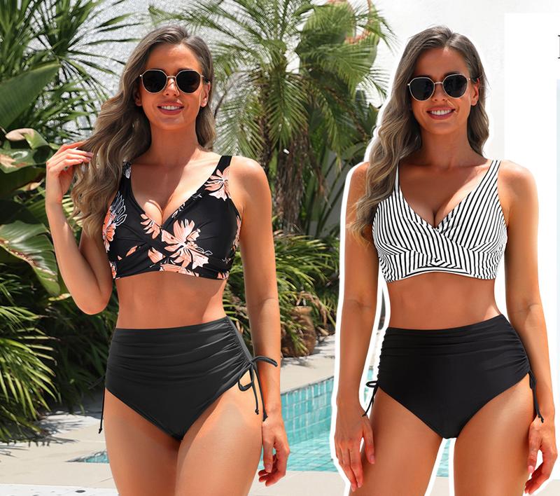 Aqua Eve Women High Waisted Bikini Twist Front Swimsuits Lace up Bikini Tops Ruched Push up Two Piece Bathing Suits