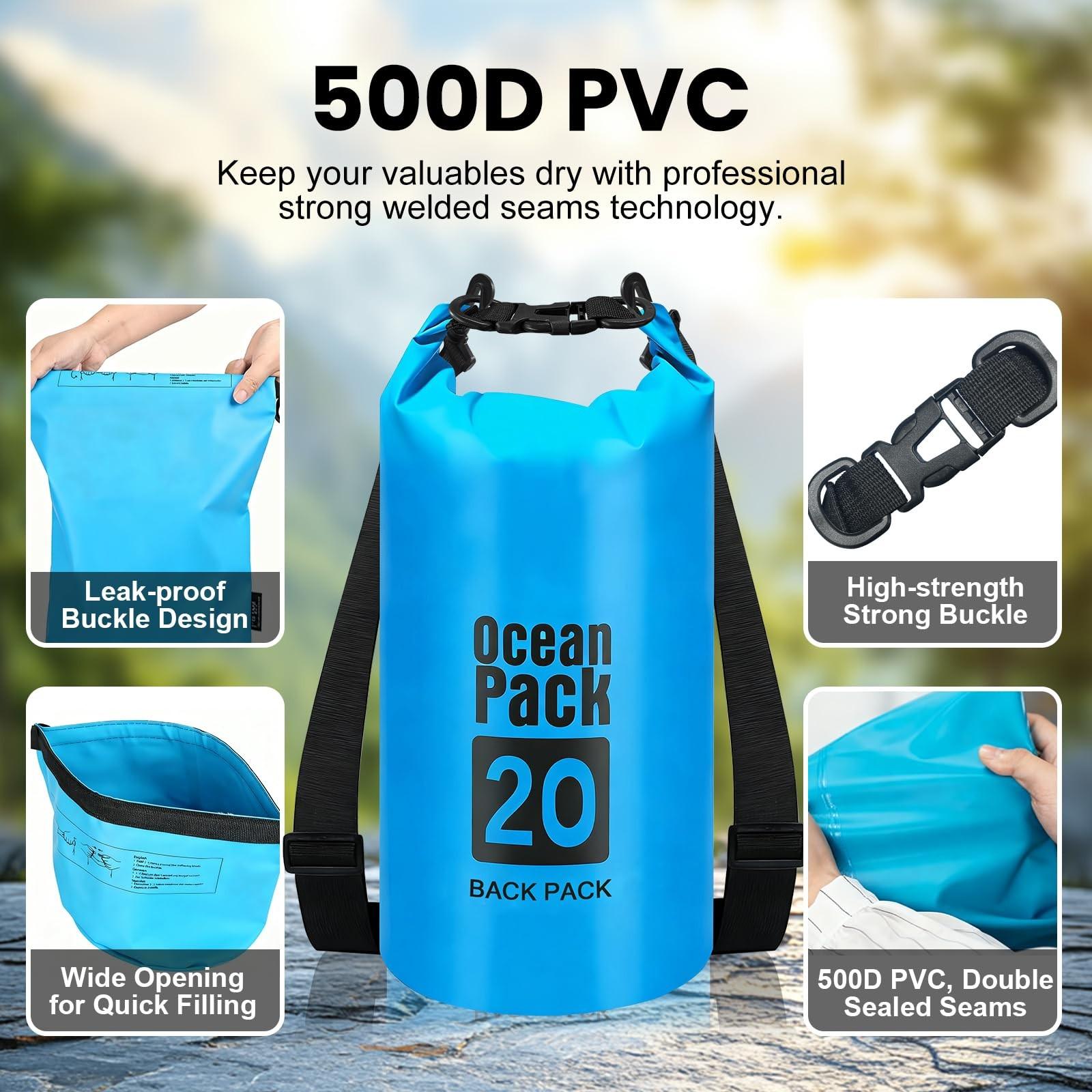 Waterproof Dry Bag 20L, Roll Top Dry Storage Backpack for Kayaking & Boating, Boating Accessory, Lightweight Submersible Sack for Swimming Beach Camping