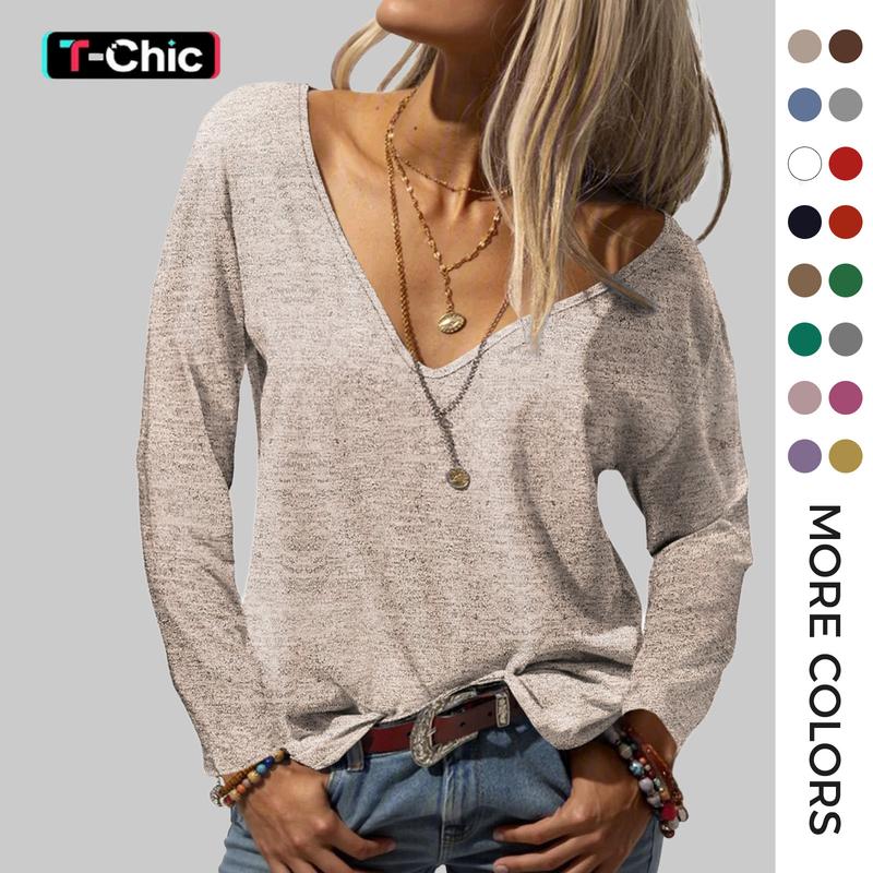 Tankaneo Women's Oversized Long-Sleeve Plain Solid Knitted Top - Basic Pullover Pull-On Deep V-Neck Lightweight Casual Wear for Spring, Fall