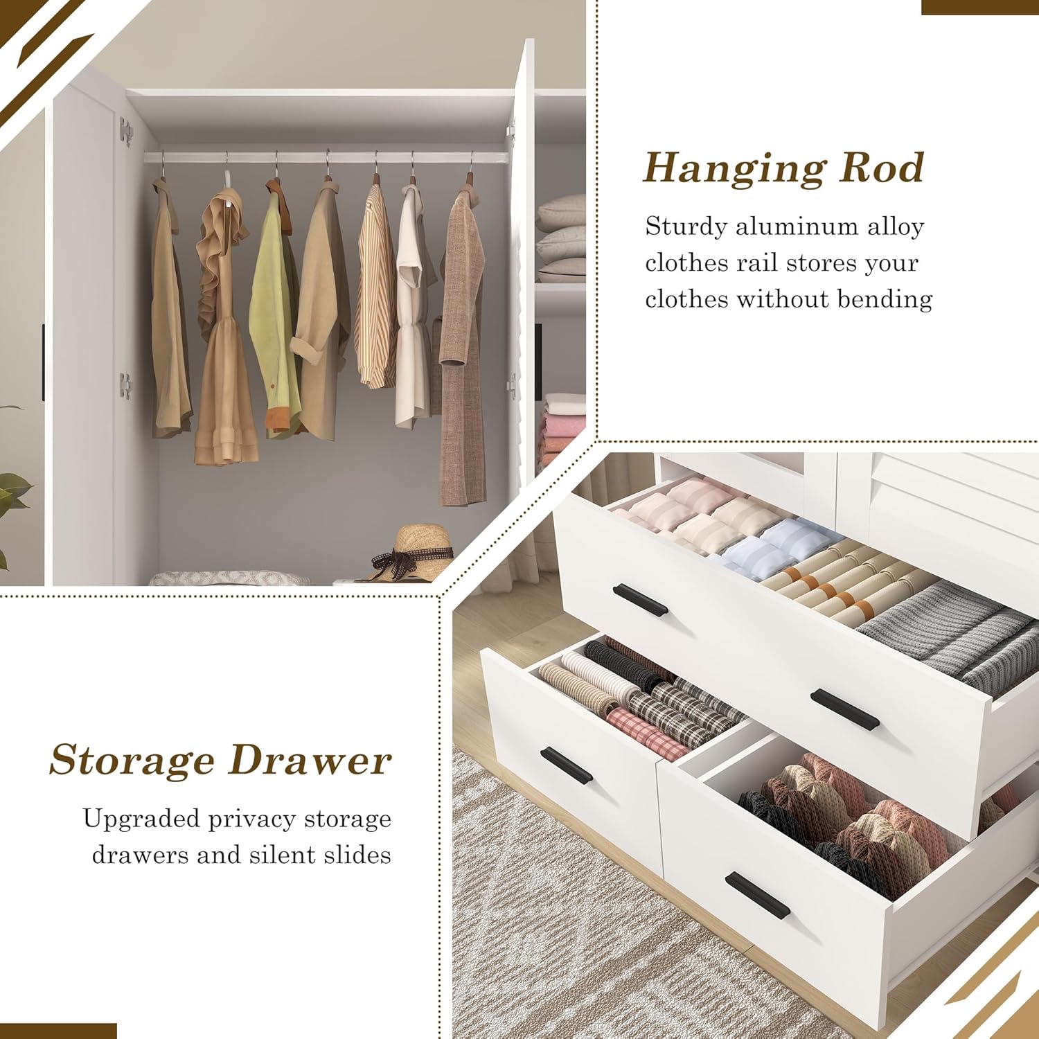 2/3/4 Door Armoire Wardrobe Closet Cabinet with Drawers and LED Lights, Multi-Tier Shelves, Hanging Rod & Louver Doors, Large Capacity Storage Wardrobe Armoire for Bedroom(Black/white) 2/3/4 Door Armoire Wardrobe Closet Cabinet with Drawers and LED Lights, Multi-Tier Shelves, Hanging Rod & Louver Doors, Large Capacity Storage Wardrobe Armoire for Bedroom(Black/white)