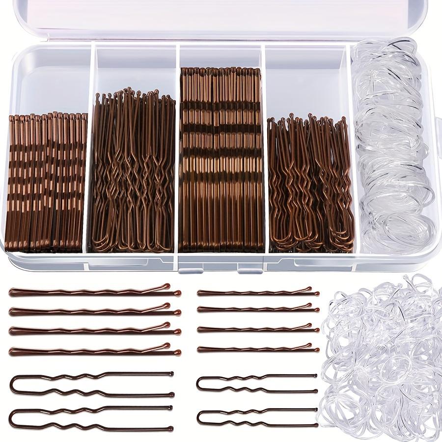 300 Piece Hair Clip Set with Box, Includes 100 Women's Clips, 100 Transparent Bands, 100 Metal U-Shaped Pins, Ideal for Braids and Thick Hair