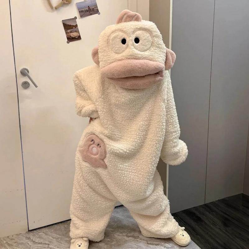 Funny Onesie Set, Comfortable Loose Hooded Flannel Pajamas - 2 Piece Set Includes Sleepwear + Shoes, Soft Skin-Friendly Long Nightgown，ugly fish