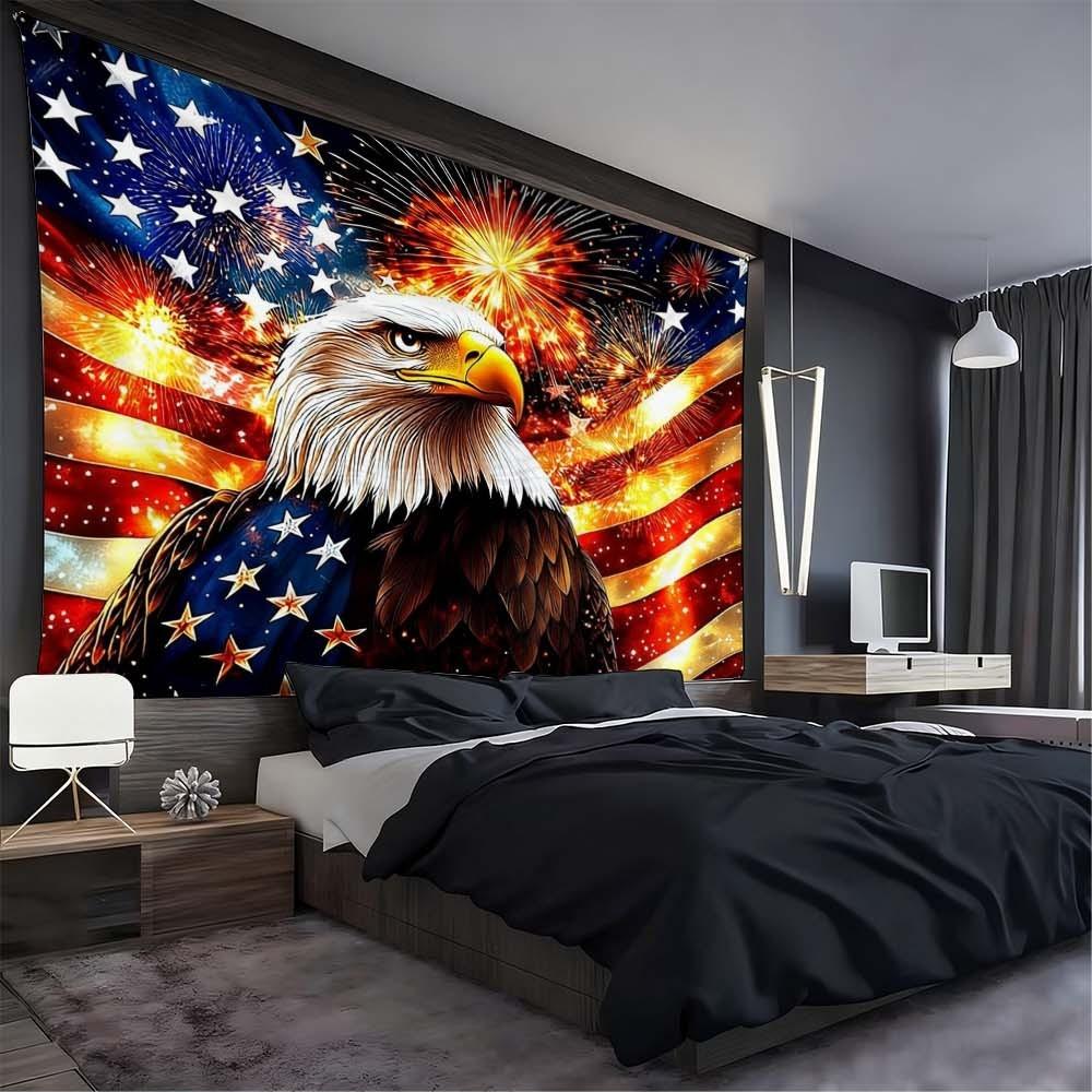 1PC Independence Day themed tapestry featuring majestic eagle and vibrant fireworks creates festive atmosphere perfect for enhancing wall decor in bedrooms or living rooms during gatherings and celebrations stunning design complements home style rich colo