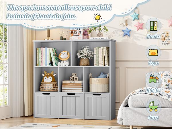 FOTOSOK Toy Storage Organizer with 3 Movable Drawers, Toy Organizer with Hidden Wheels and 5 Open Cubbies, Multifunctional Floor Storage Chest for Playroom