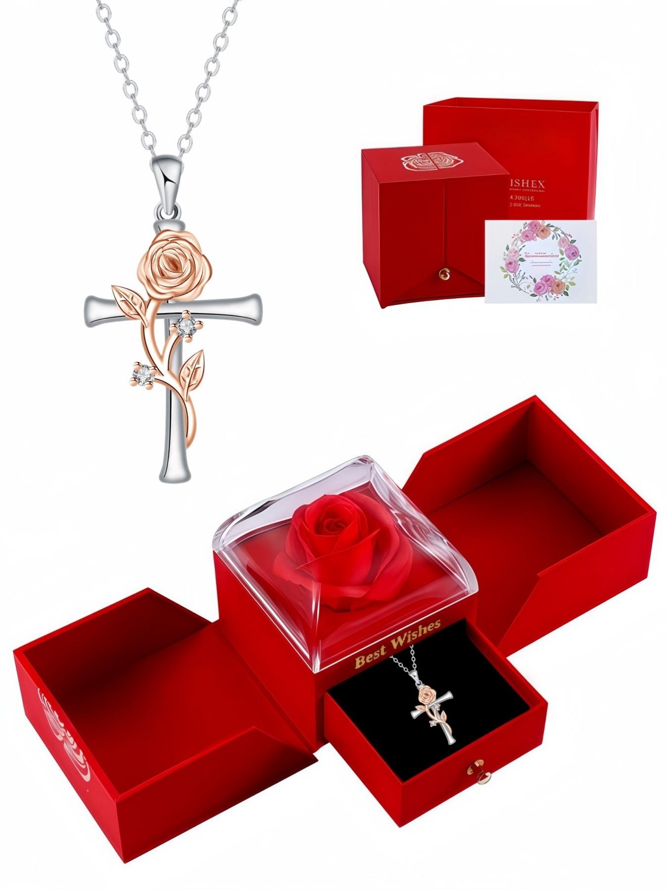 Blazing Rose Vow · Silver Rose Premium and stylish rose & cross necklace, elegant and fashionable.Paired with a surprise double-door preserved rose jewelry gift box.Ideal gift for birthdays, Mother’s Day and Valentine’s Day.