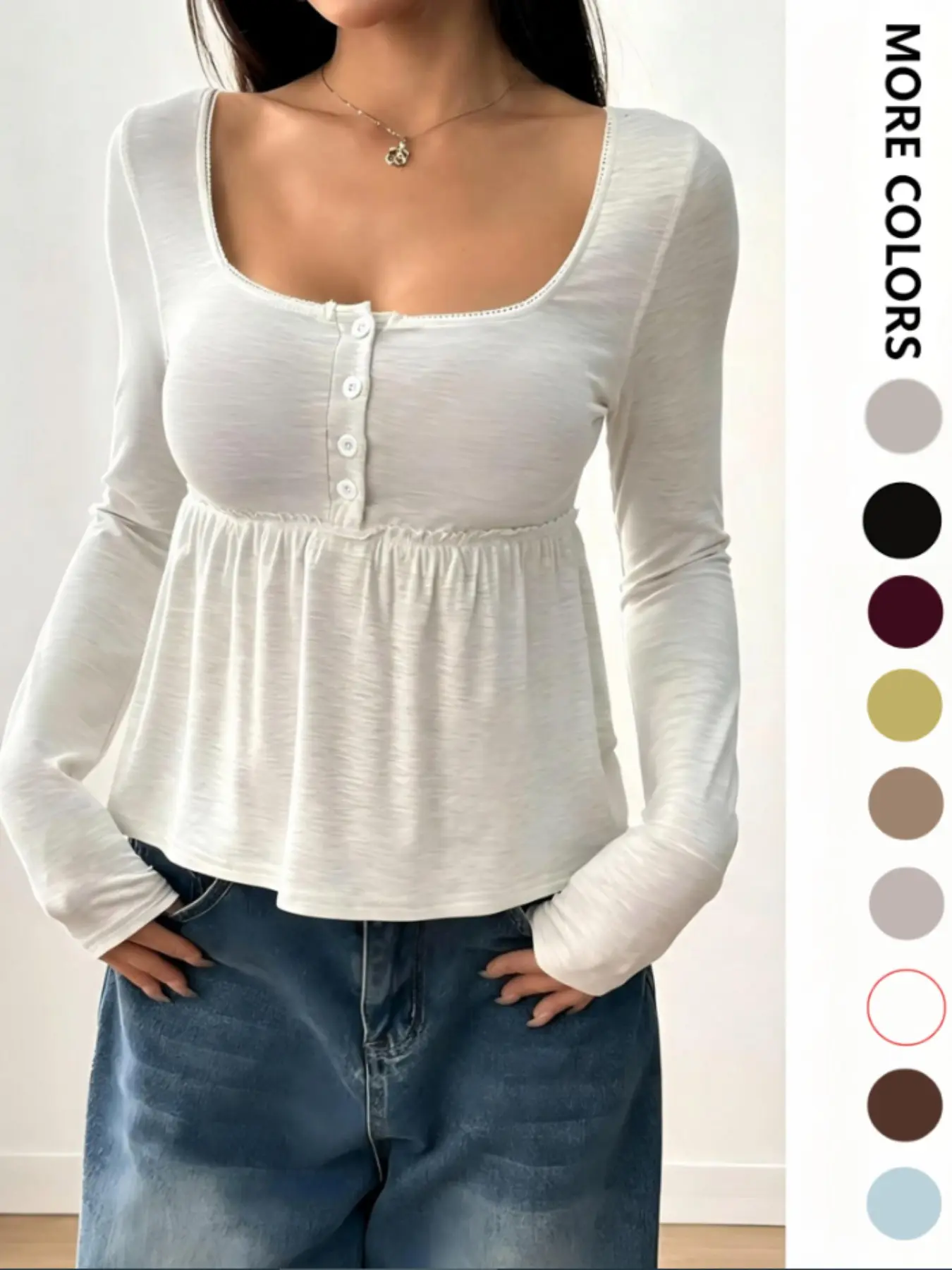 Elegant Vintage Square Neck Long Sleeve Button Women's Top, Stylish Trim Design, Perfect for Daily Wear & Special Occasions
