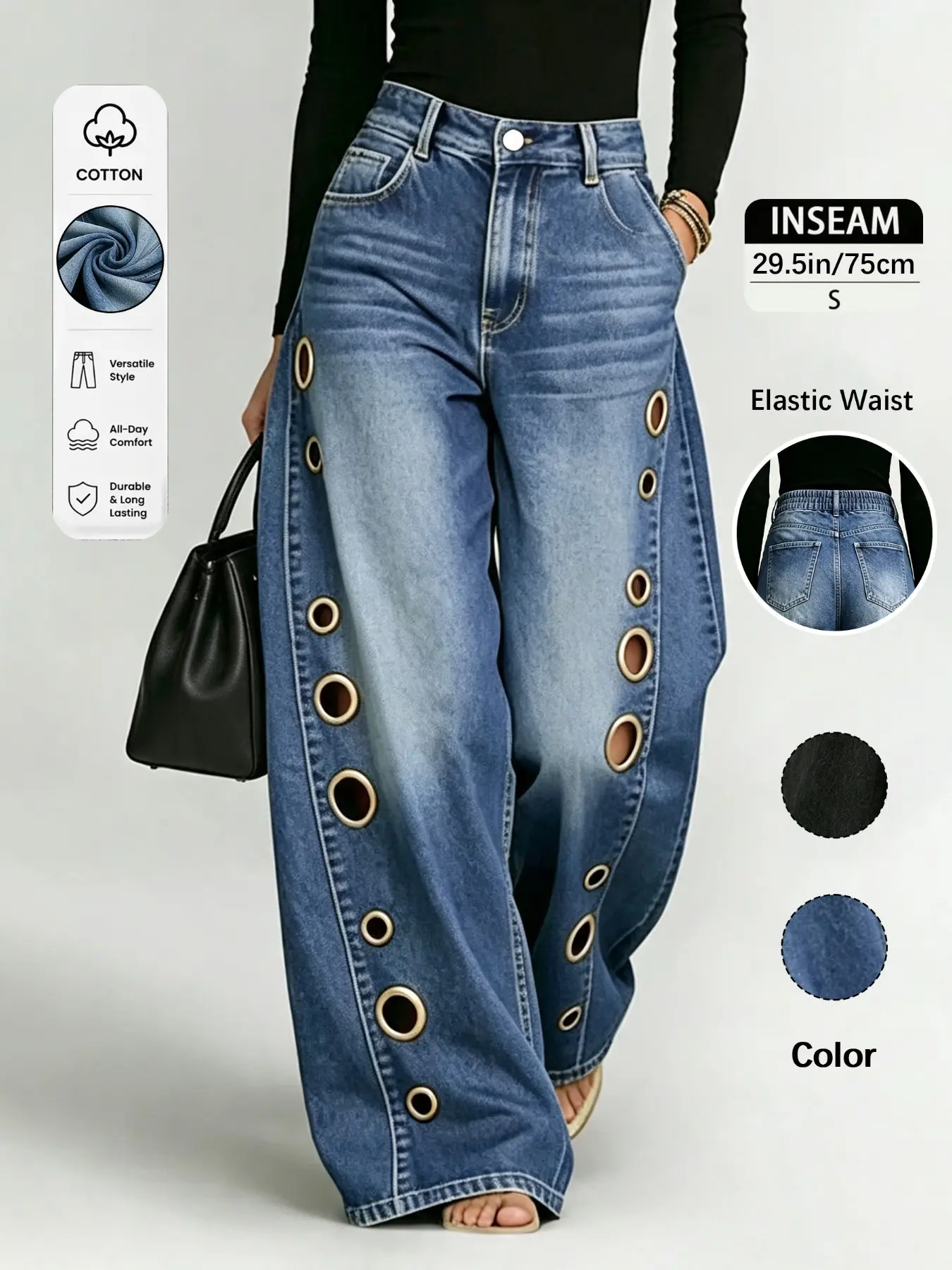 Women's Denim Wide-Leg Pants, High-Waisted Metal Eyelet Design, Cotton Jean Long Pants, Adjustable Waist, Casual All-Season Wear, Bottoms