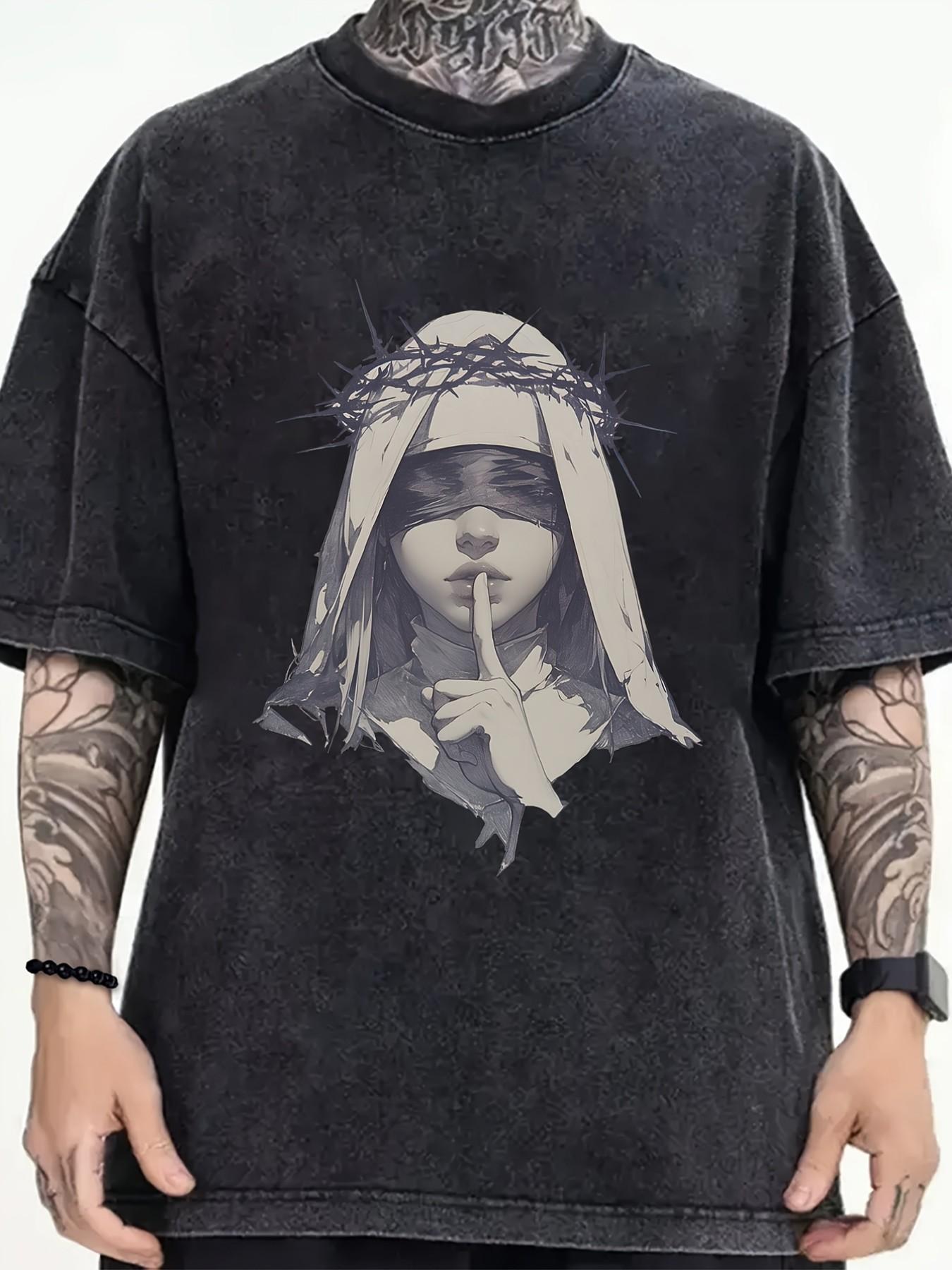Vintage Washed Nun Print Short Sleeve T-Shirt, Loose-Fit Casual Long Top, Breathable Polyester Streetwear, Youth Couples Fashion