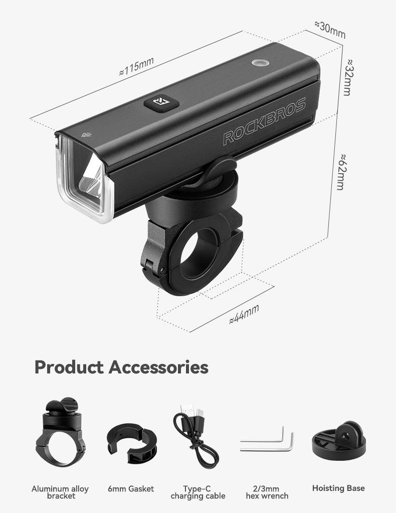 ROCKBROS 1500 Lumens Bike Light for Night Riding, 5000mAh USB-C Rechargeable Bike Headlight, Aluminium Alloy IPX6 Waterproof Bike Front Light, 5 Modes & Auto Mode Anti-Dazzling LED Bike Light